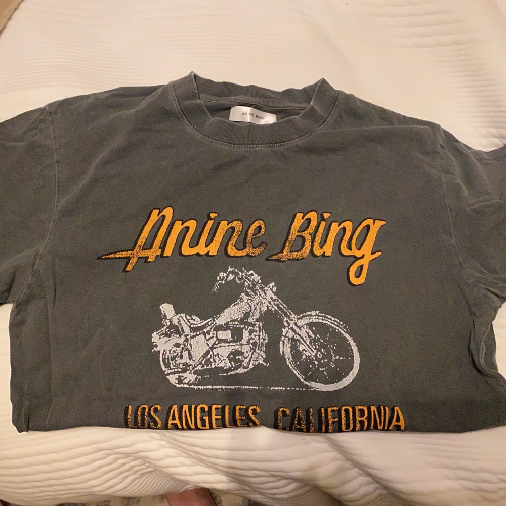 Anine Bing Gray Tee with Gold and White Print